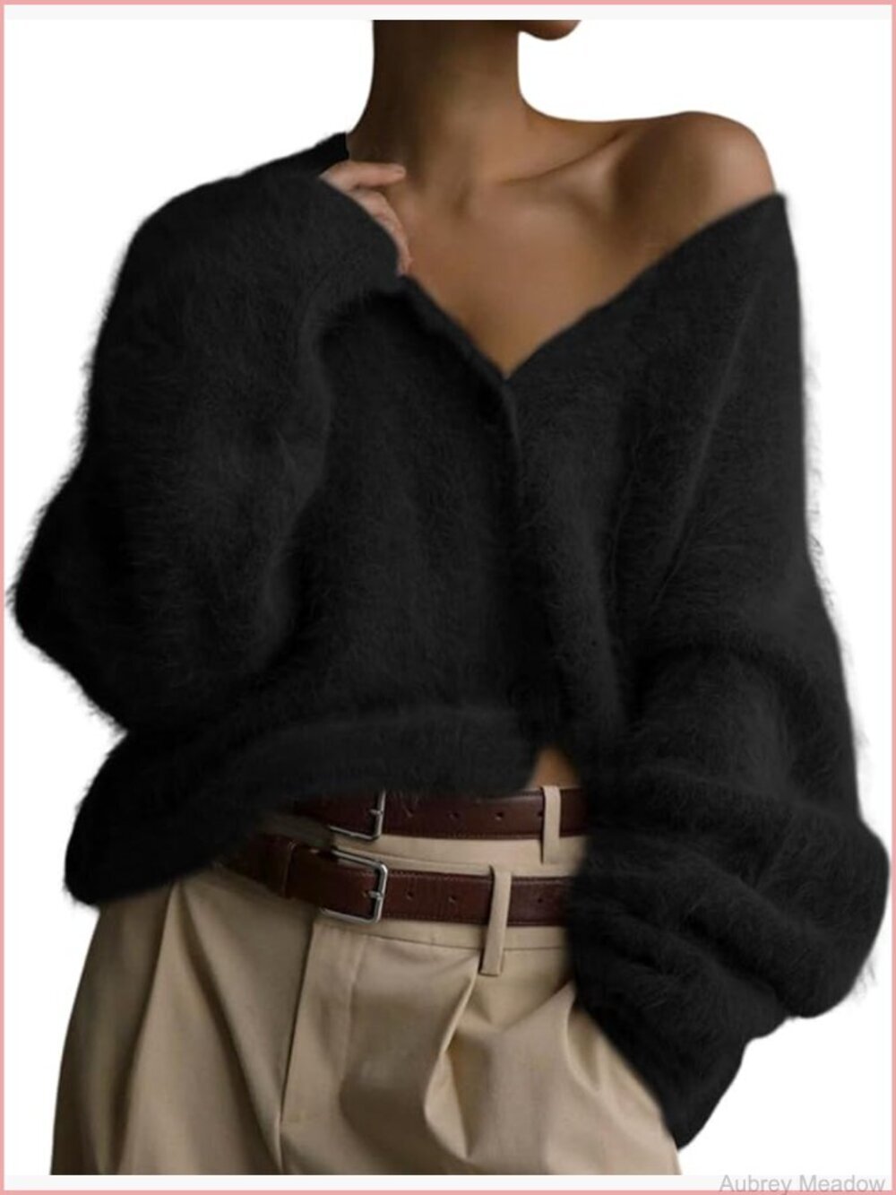 Fuzzy V-Neck Long Sleeve Button Down Cardigan Sweater Slouchy Oversized Knit